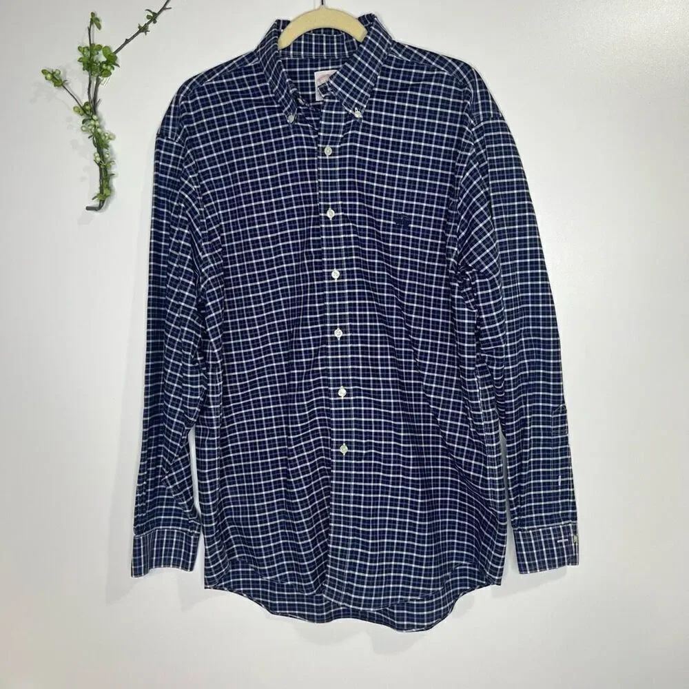 Brooks Brothers 346 Original Polo Shirt Blue White Check Plaid Sz Large Men’s